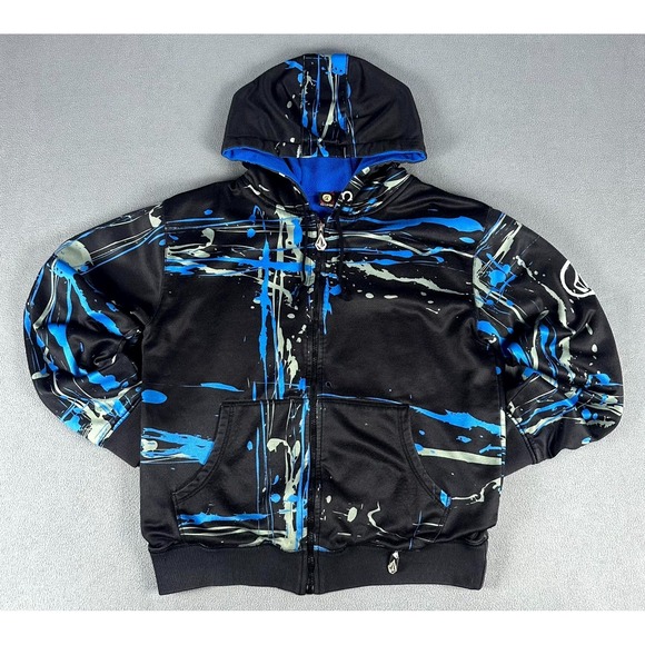 Volcom Other - Volcom Hoodie Jacket Mens Medium Black Blue Splatter Trippy Lined Skater Y2K